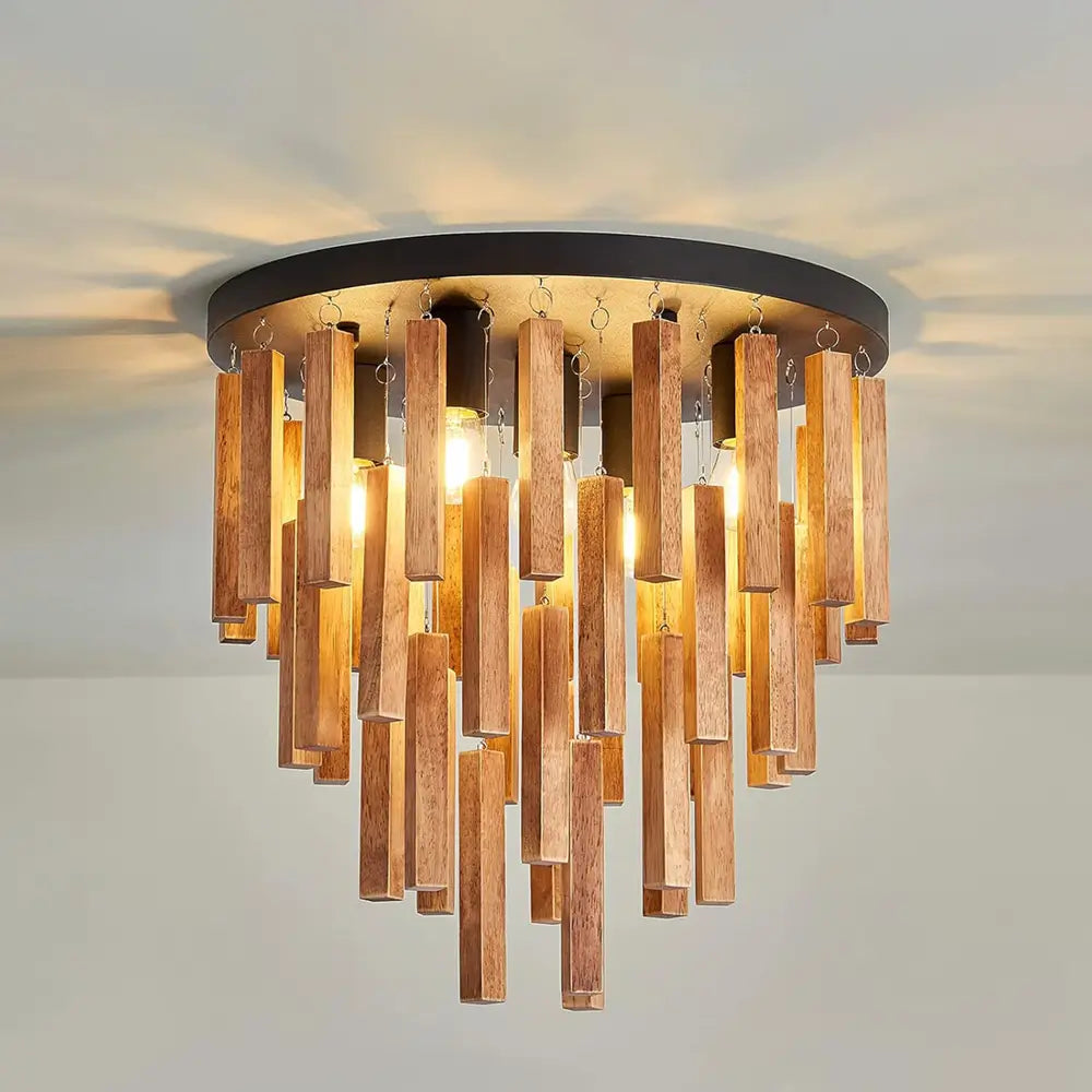 Rustic Wood Flush Mount Ceiling Light Fixture with E26 Base – 3-Light / 5-Light Options
