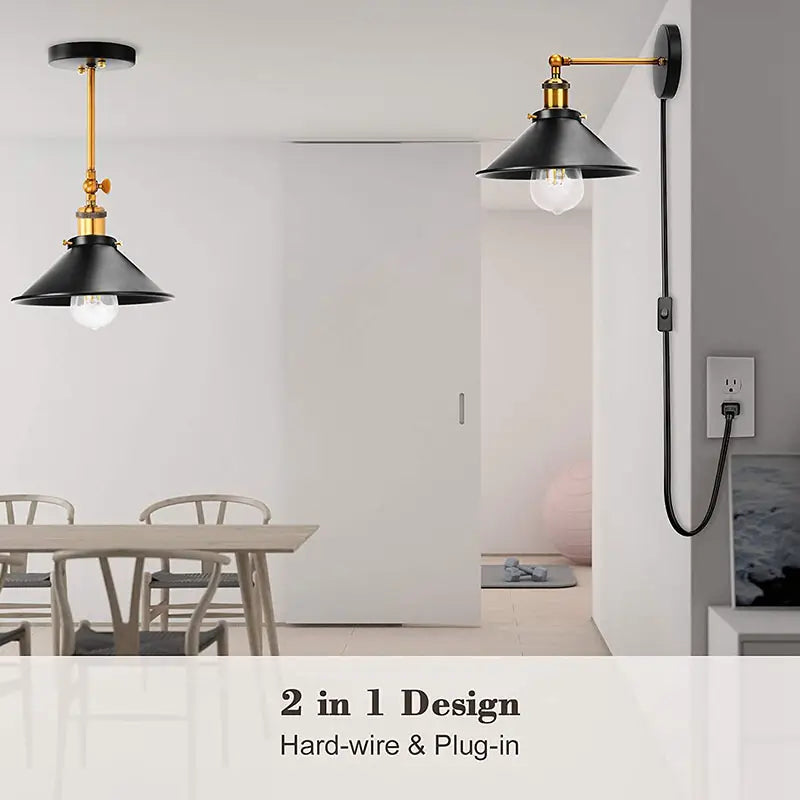 2-in-1 hardwired or plug-in industrial wall light for flexible installation in modern homes.