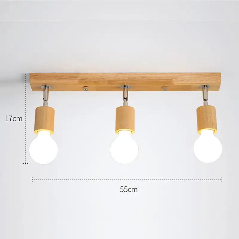 Dimensions of 3-bulb ceiling light fixture with wooden base – 55cm wide, 17cm tall