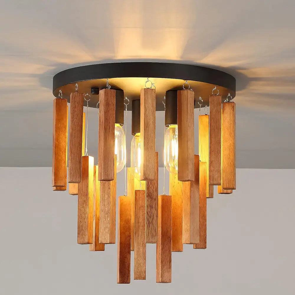 3-light flush mount ceiling light fixture with wooden strips and E26 base.