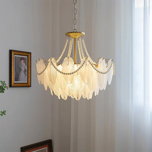 Modern Luxury Feather Glass Chandelier for Bedroom, Living room