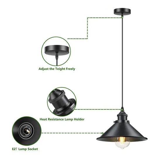Diagram showing features of a black pendant light: adjustable cable, heat-resistance lamp holder, and E27 lamp socket.