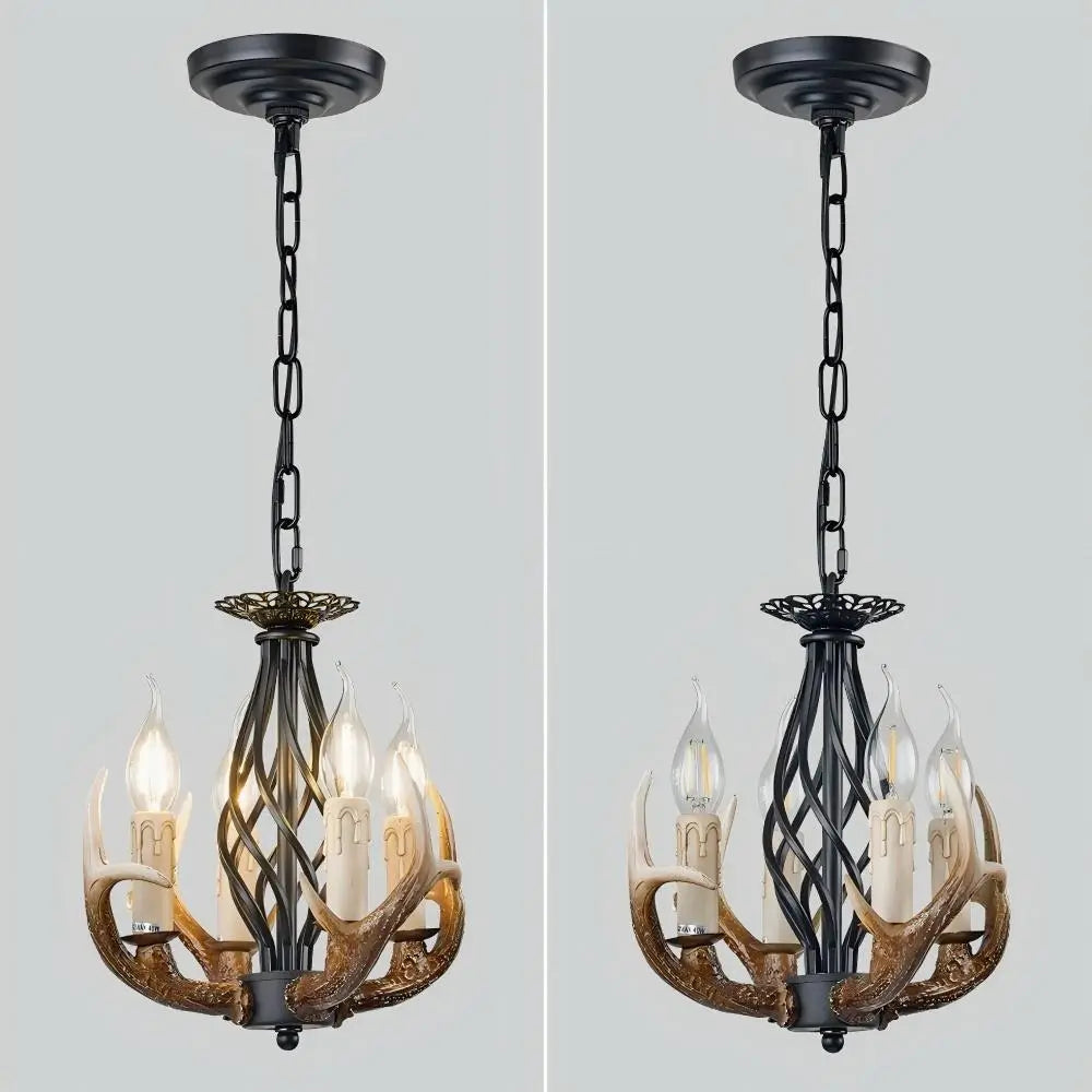 Side-by-side view of the antler chandelier, demonstrating the difference with lights on and off for clear illumination.