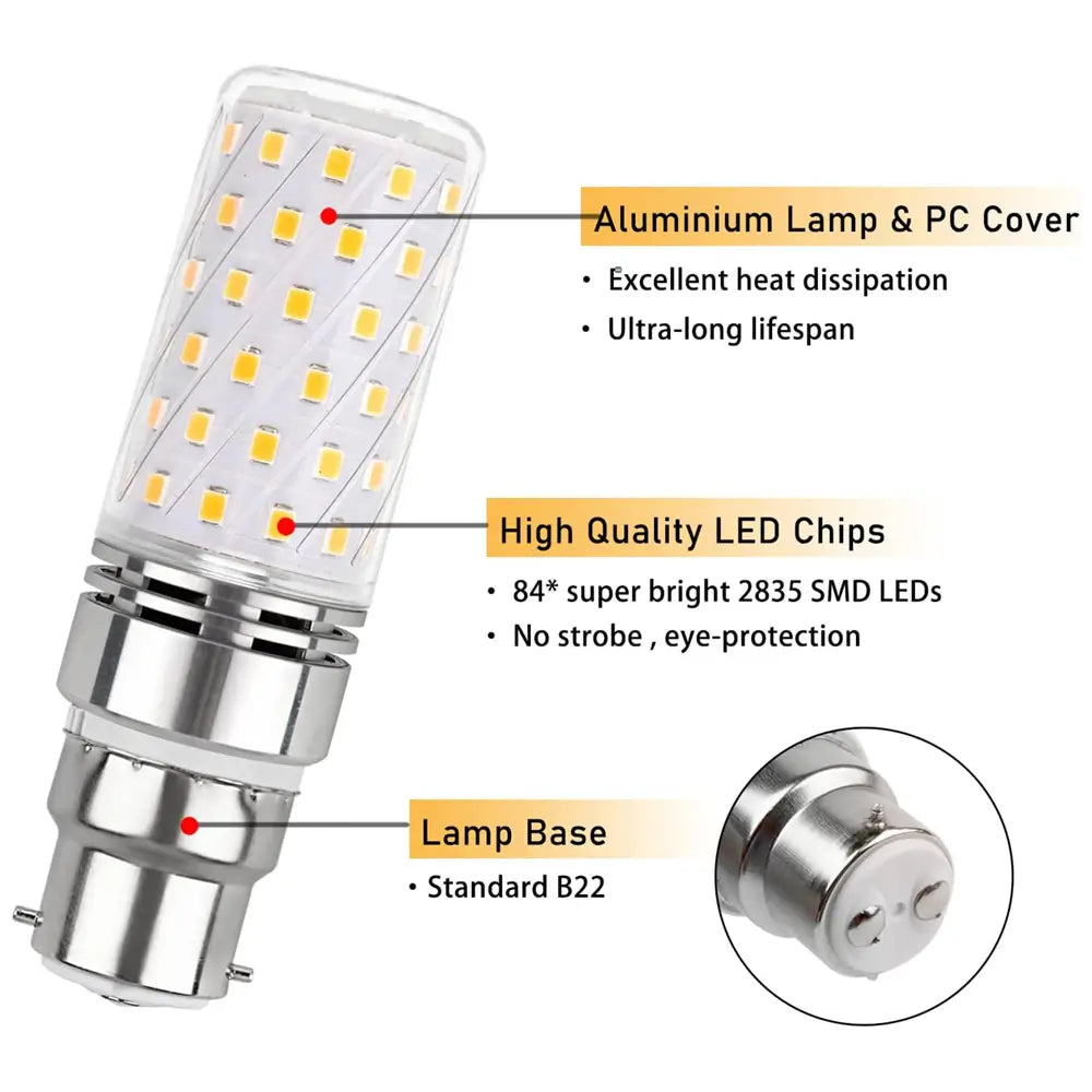 Diagram illustrating the features of a B22 LED bulb, including aluminum lamp and PC cover for heat dissipation, high-quality 2835 SMD LEDs (84 count), and a standard B22 lamp base.