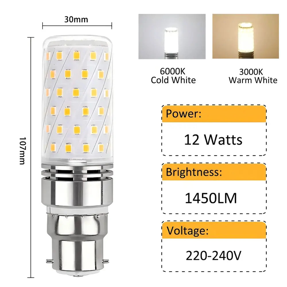 B22 LED corn bulb with dimensions (30mm x 107mm) and key specifications: 12 Watts, 1450LM brightness, 220-240V, available in 6000K cold white and 3000K warm white.