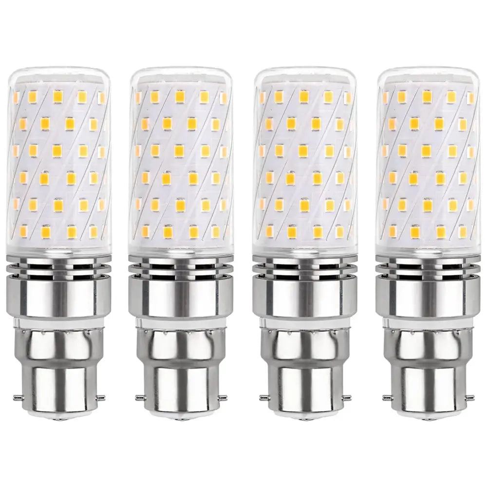 Four B22 LED corn bulbs, showcasing their spiral arrangement of 84 SMD LEDs and standard B22 lamp base.