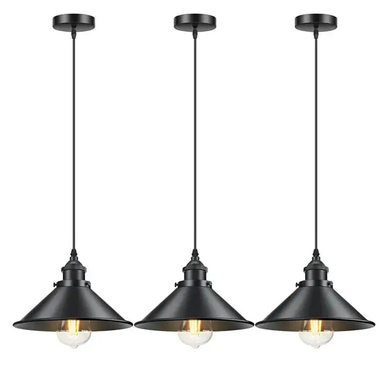 Three identical black industrial pendant lights with clear glass bulbs, hanging in a row against a white background.