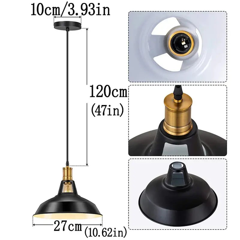Diagram showing the dimensions of the black industrial pendant light: 10cm canopy, 120cm adjustable cord, and 27cm dome shade diameter.