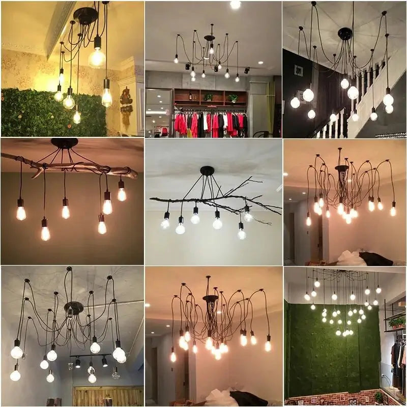 A collage showing various DIY pendant chandelier inspirations, featuring different configurations of multi-cable light fixtures, including spider designs and those incorporating natural elements like branches, installed in diverse interior settings.