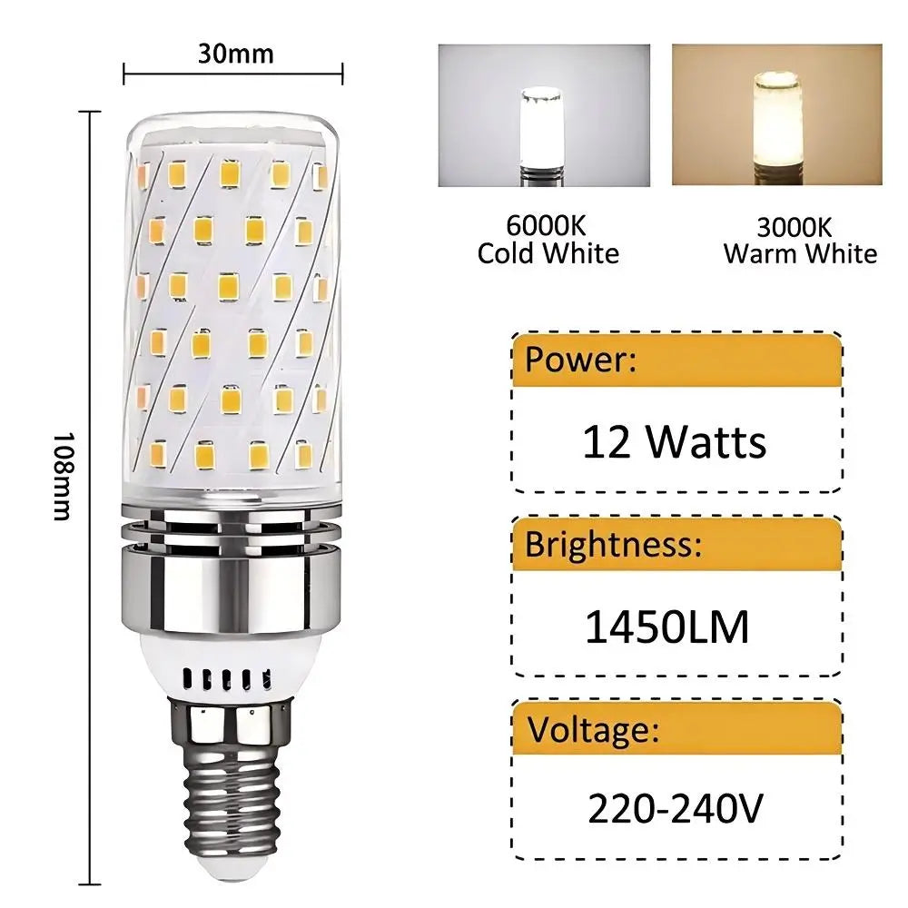 E14 LED corn bulb with dimensions (30mm x 108mm) and specifications: 12 Watts, 1450 Lumens, 220-240V, available in 6000K cold white and 3000K warm white.