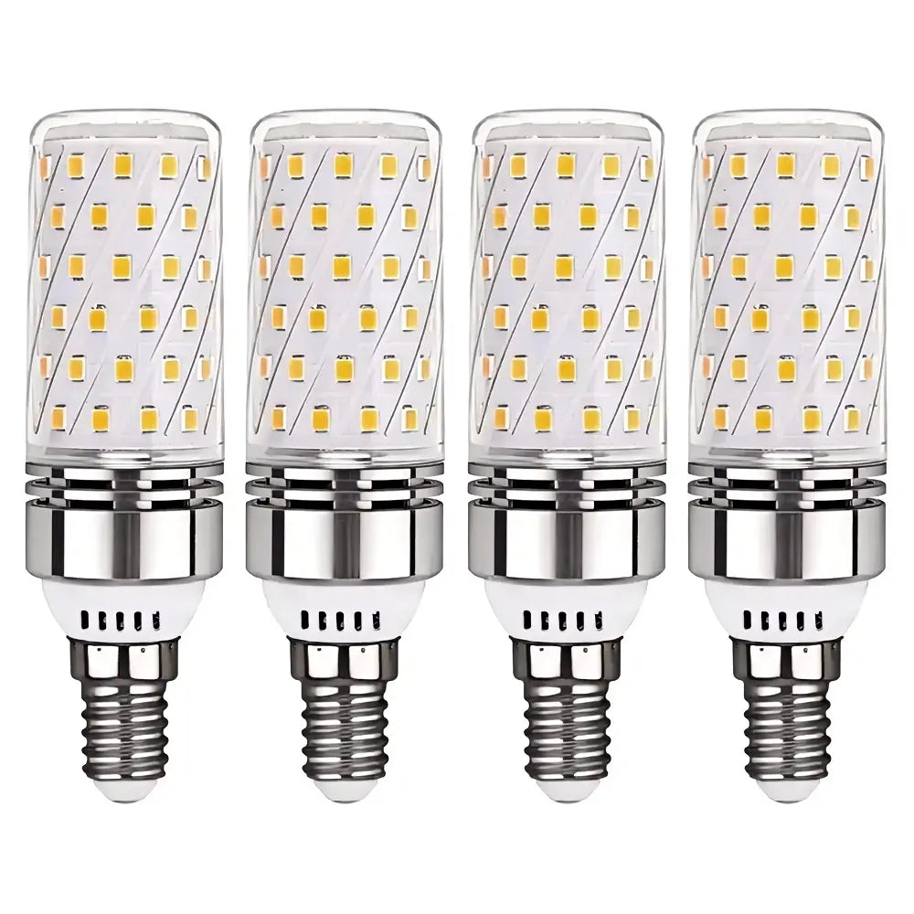 Four E14 LED corn bulbs, featuring a spiral arrangement of 84 SMD LEDs and a standard E14 screw base.