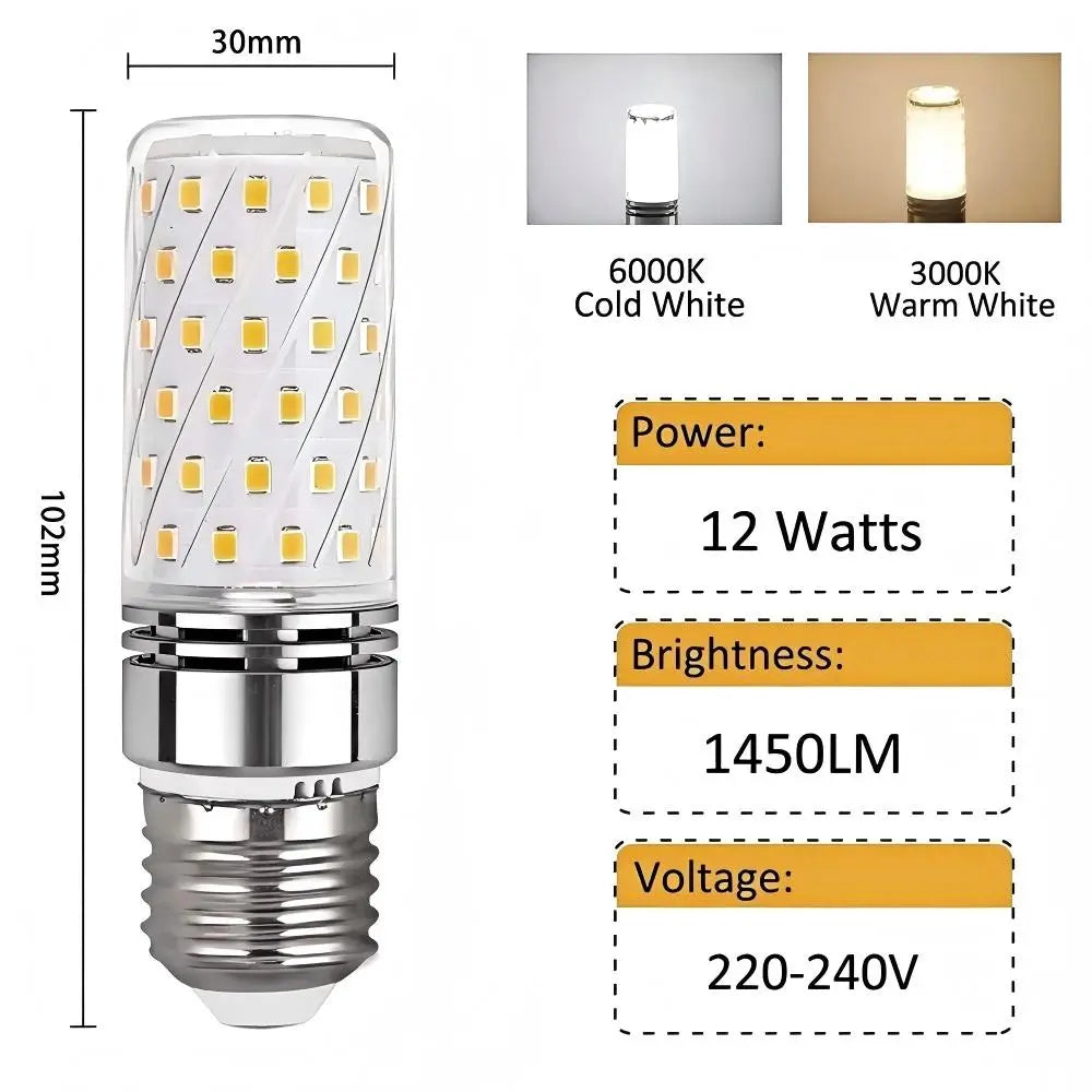 E27 LED corn bulb with dimensions (30mm x 102mm) and specifications: 12 Watts, 1450 Lumens, 220-240V, available in 6000K cold white and 3000K warm white.