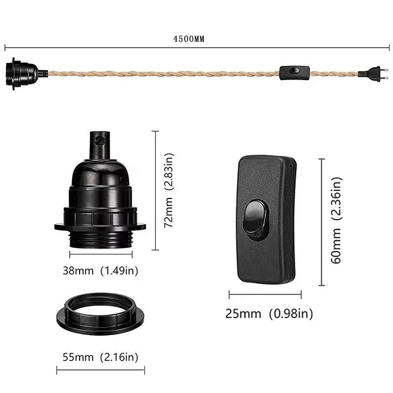 Detailed dimensions of a rope pendant light kit, including the Edison bulb socket, inline switch, and total cable length of 4.5 meters.