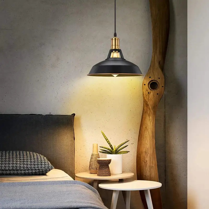 Single black industrial pendant light with brass accents illuminating a modern bedroom nightstand with plants and a wooden decor piece.