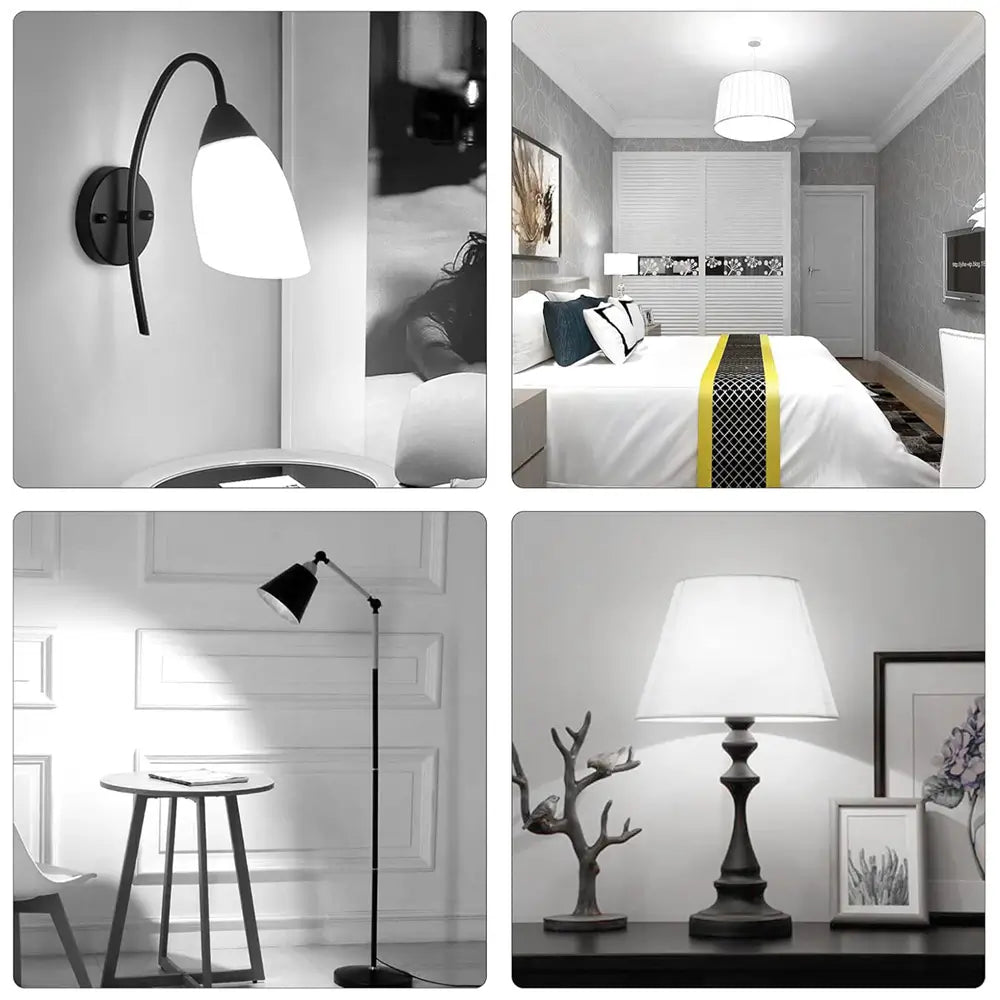 Collage of four indoor scenes (wall lamp, bedroom, floor lamp, table lamp) showing various applications for E14 LED bulbs in home lighting.