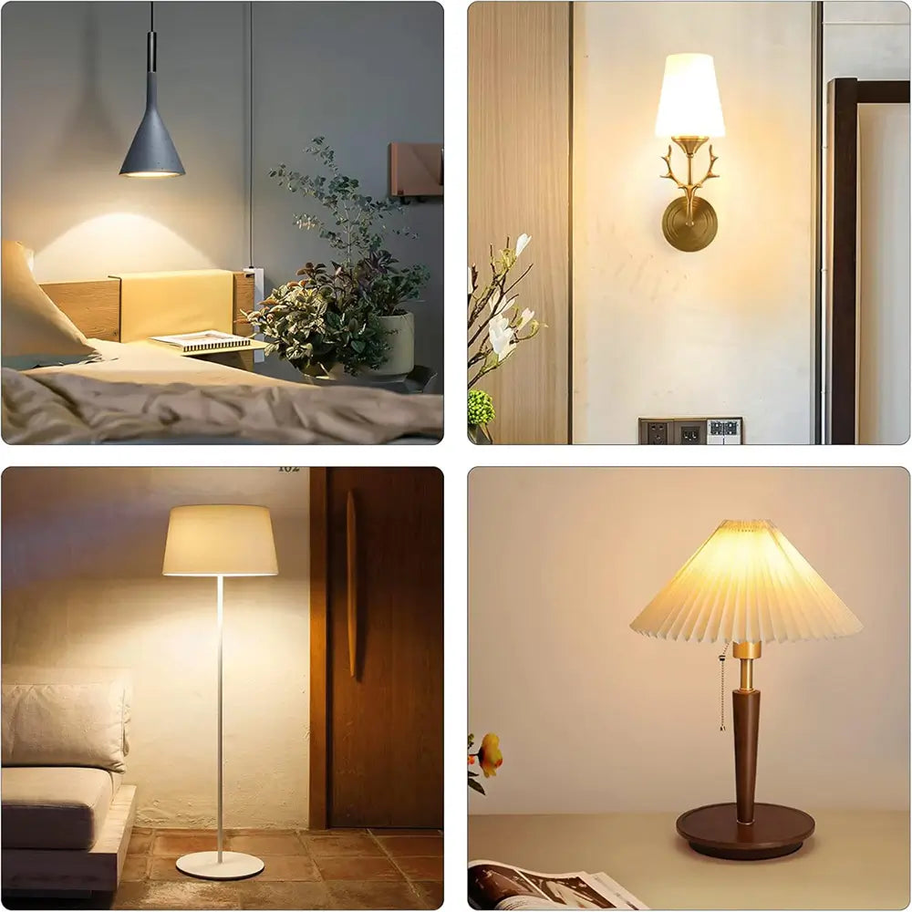 Collage of four indoor lighting scenes (pendant light, wall sconce, floor lamp, table lamp) showcasing the versatility of E27 LED bulbs in home decor.