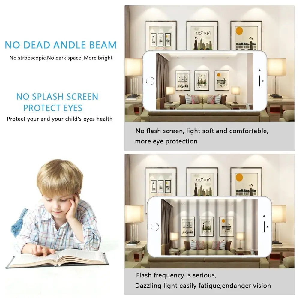 Demonstrates the E14 LED bulb's eye protection, showing "no dead angle beam" and "no splash screen," with a comparison of light quality on a child reading.