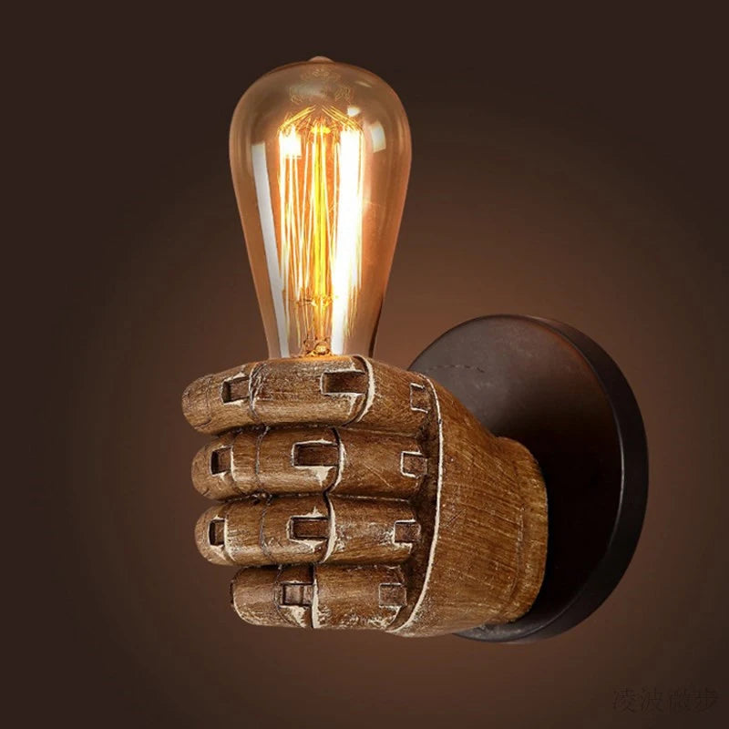 Unique wall sconce for modern homes, featuring a realistic wooden hand gripping a glowing bulb for distinctive decor.
