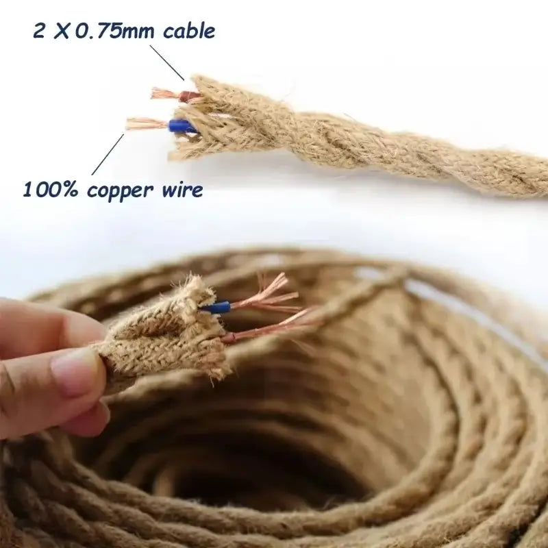 Close-up of a natural jute rope lamp cable with 100% copper wiring, 2 x 0.75mm cable thickness for durability and safety.