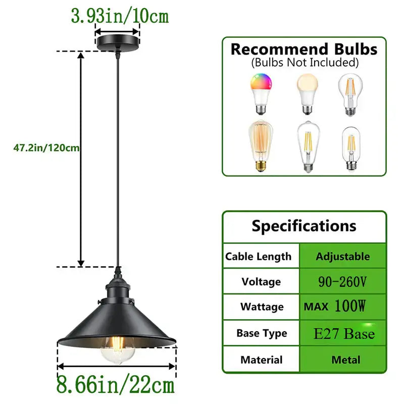 nfographic displaying dimensions of a black pendant light (47.2in height, 8.66in width) and specifications like adjustable cable, 90-260V, max 100W, E27 base, and metal material.