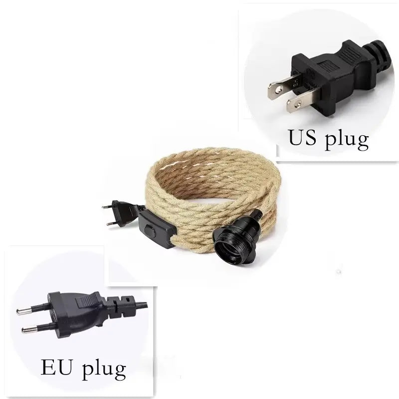 Plug-in jute rope light kit available with US and EU plug options, featuring a vintage Edison socket and inline switch.