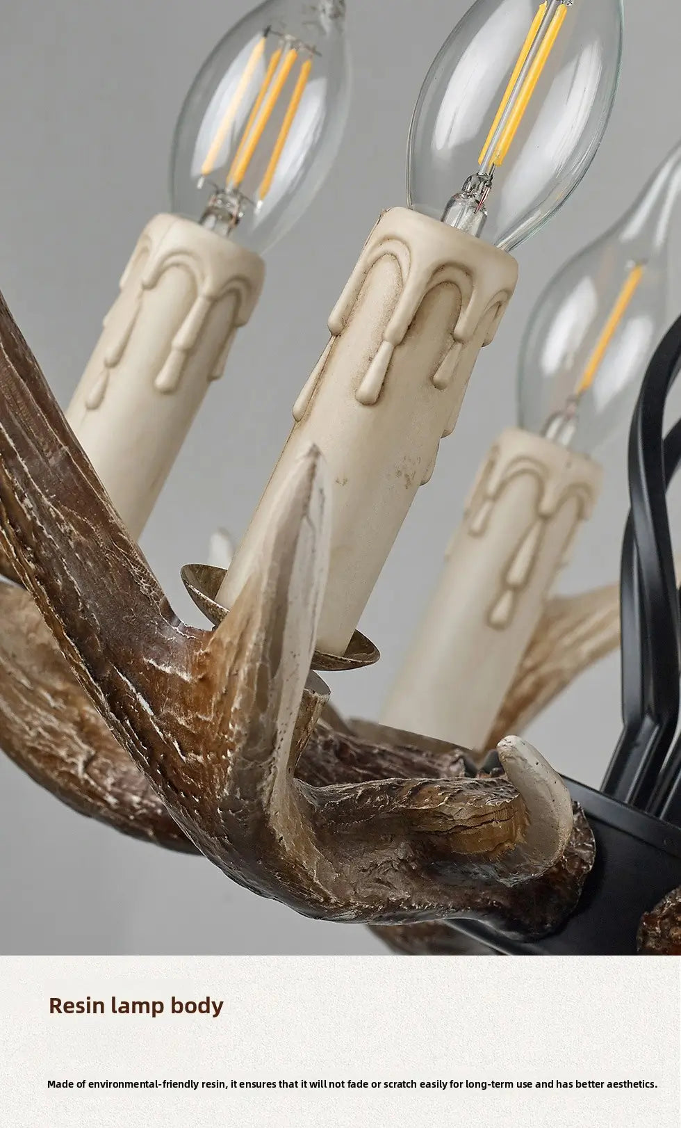 Close-up of the chandelier's resin lamp body, showcasing the durable, fade-resistant, and aesthetically pleasing antler design.