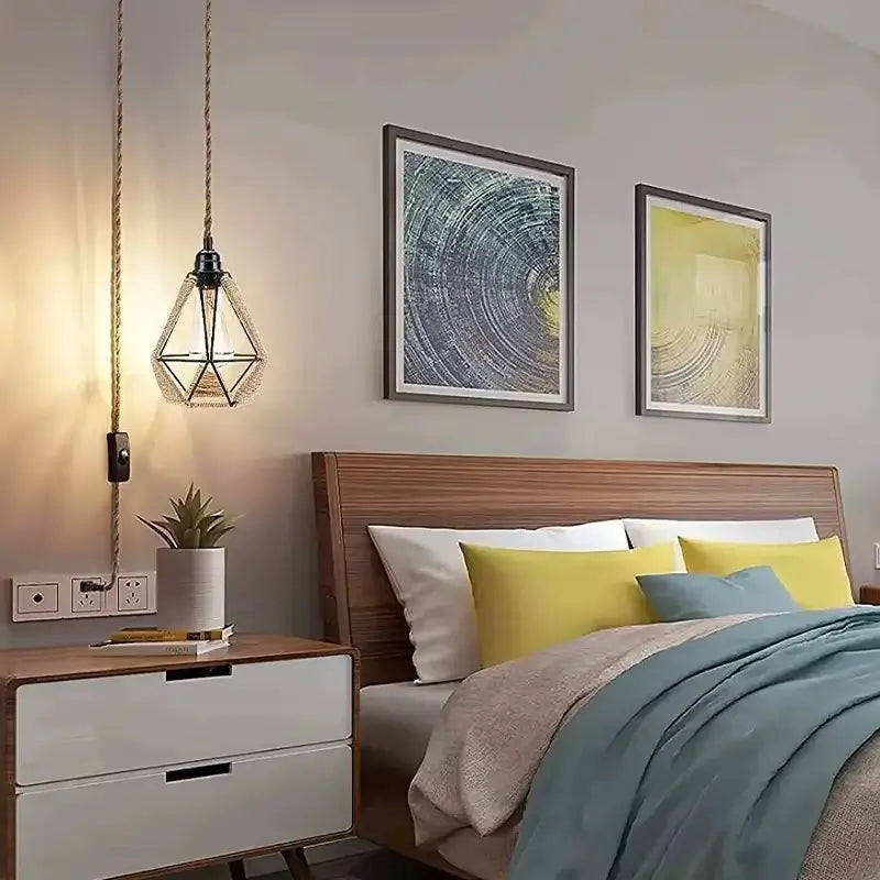 Rustic bedroom lighting featuring a plug-in rope pendant light