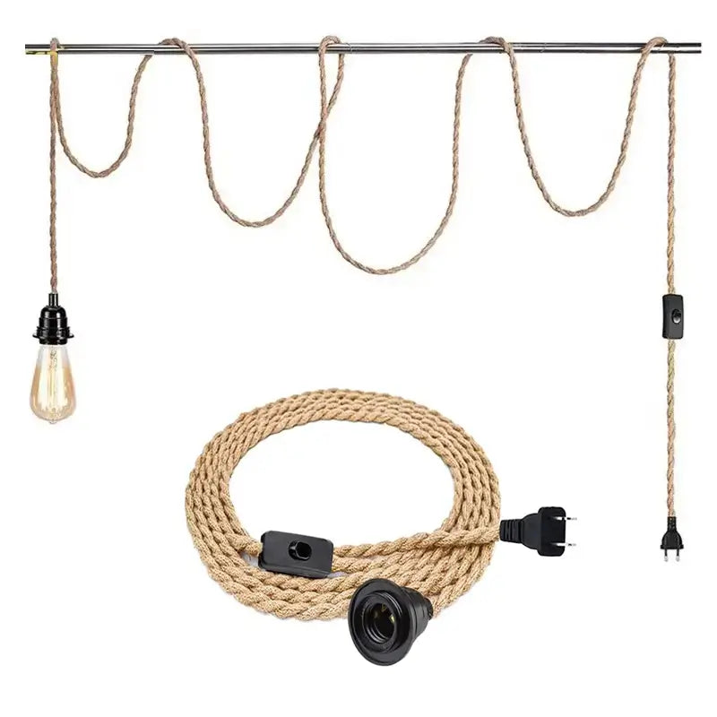 Vintage-style rope pendant light kit with Edison bulb socket, plug-in design, and rustic jute rope for home décor.