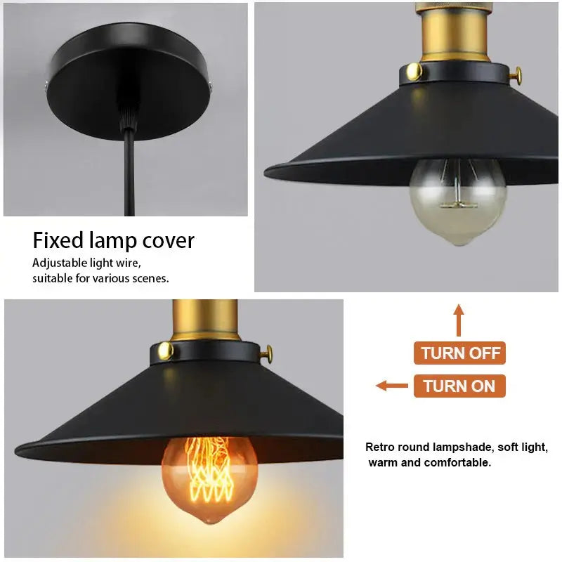 Diagram showing features of a retro black pendant light, including a fixed lamp cover, adjustable light wire, and soft light output.