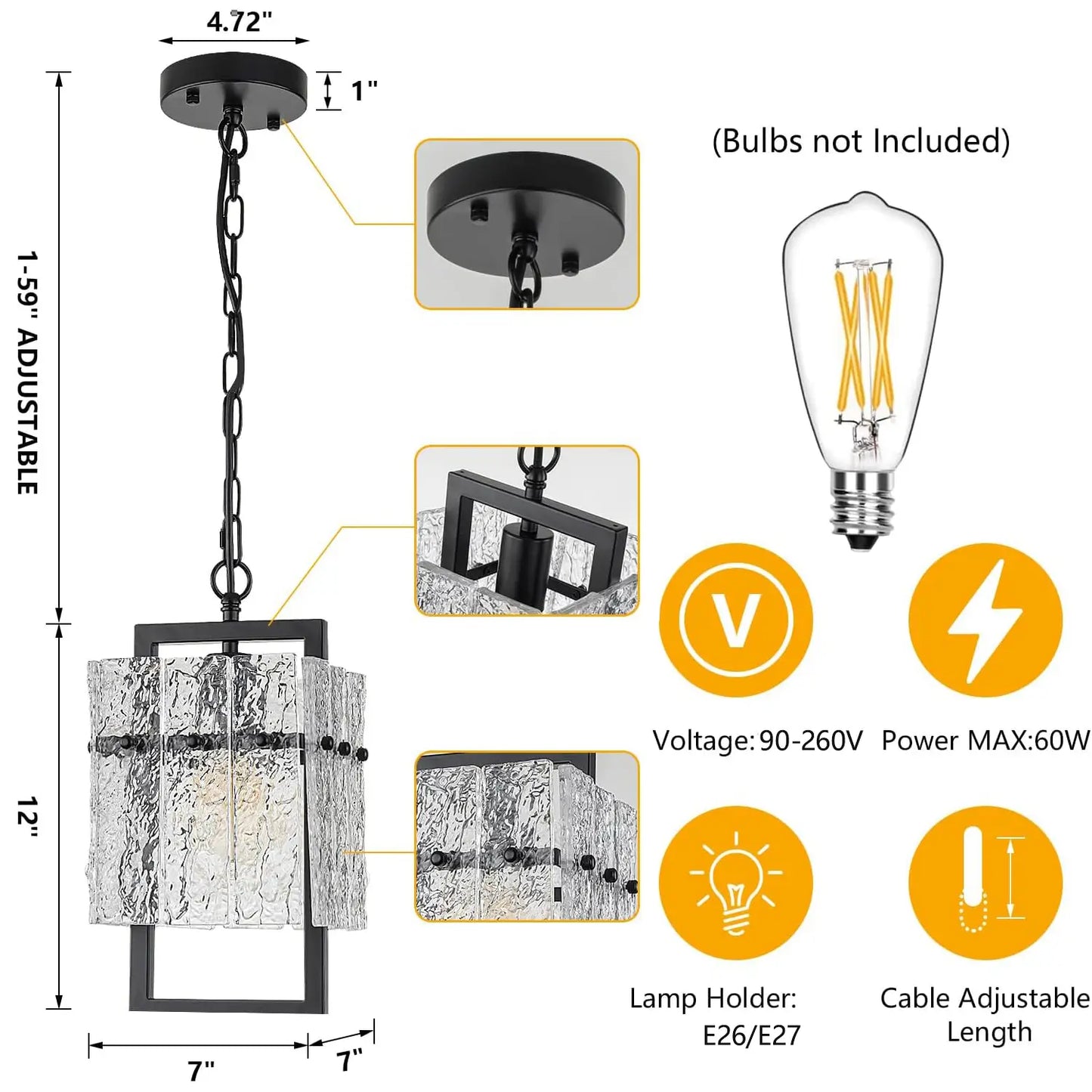 Adjustable black metal and glass pendant light in a modern kitchen.