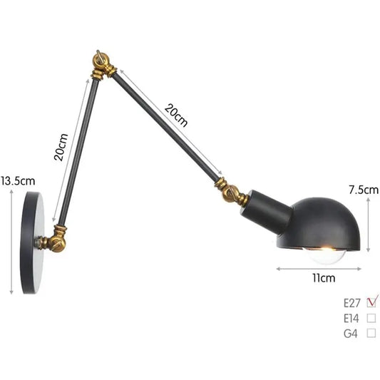 Size dimensions of the adjustable swing arm wall lamp, showing E27 bulb compatibility, wall mount base, and lamp arm measurements.