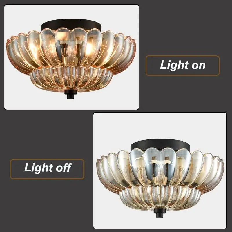 Side-by-side comparison of amber glass ceiling light turned on and off, showing light reflection and clarity