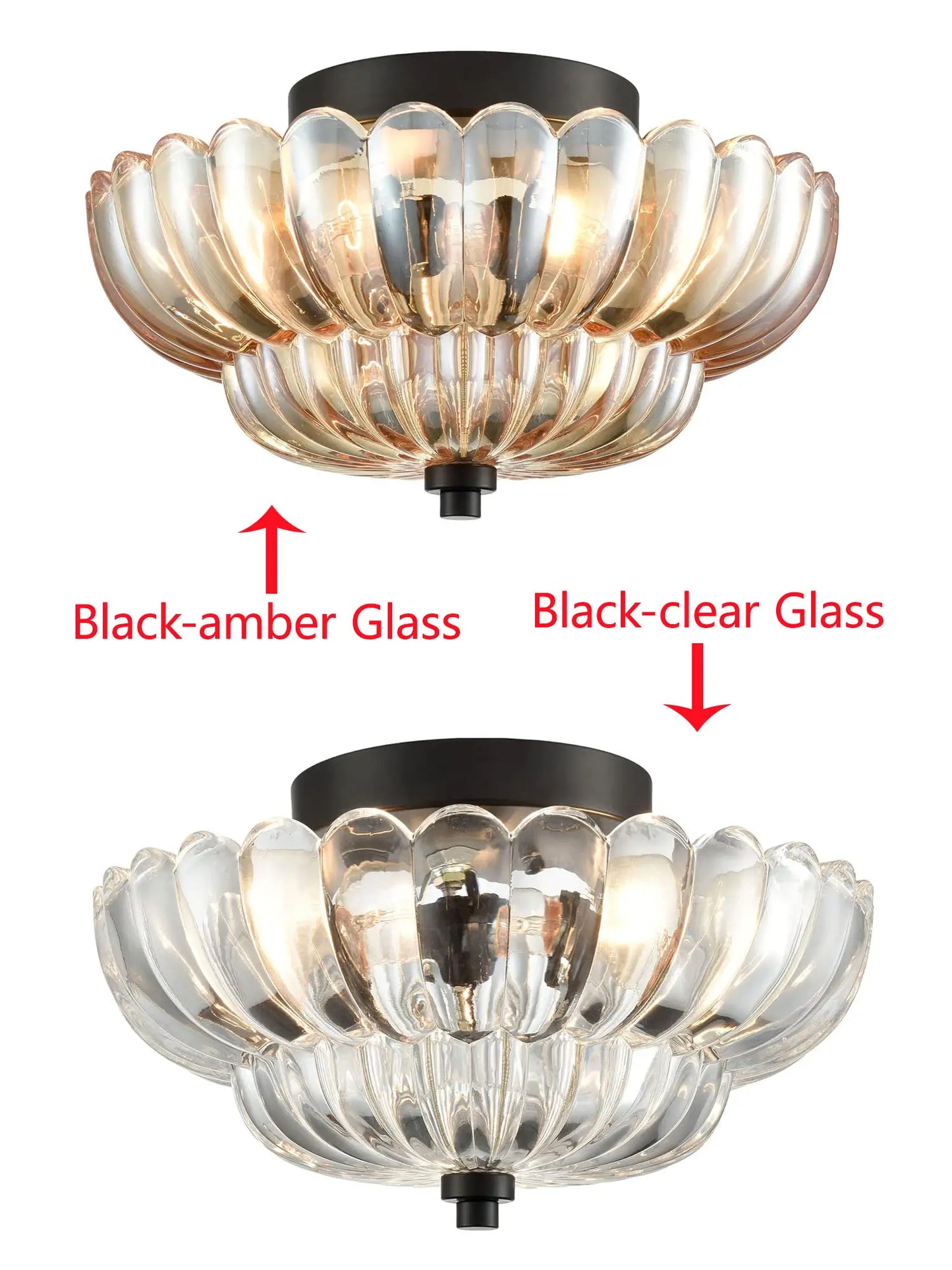 Comparison between black-amber glass and black-clear glass flush mount ceiling lights with vintage scalloped design