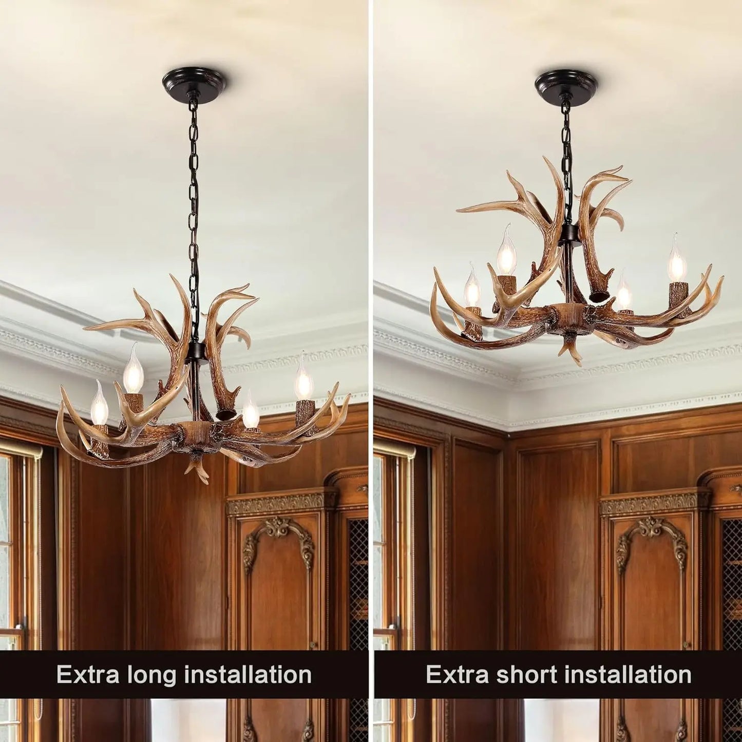 Antler chandelier shown with extra long and extra short installation options, demonstrating adjustable chain for various ceiling heights.