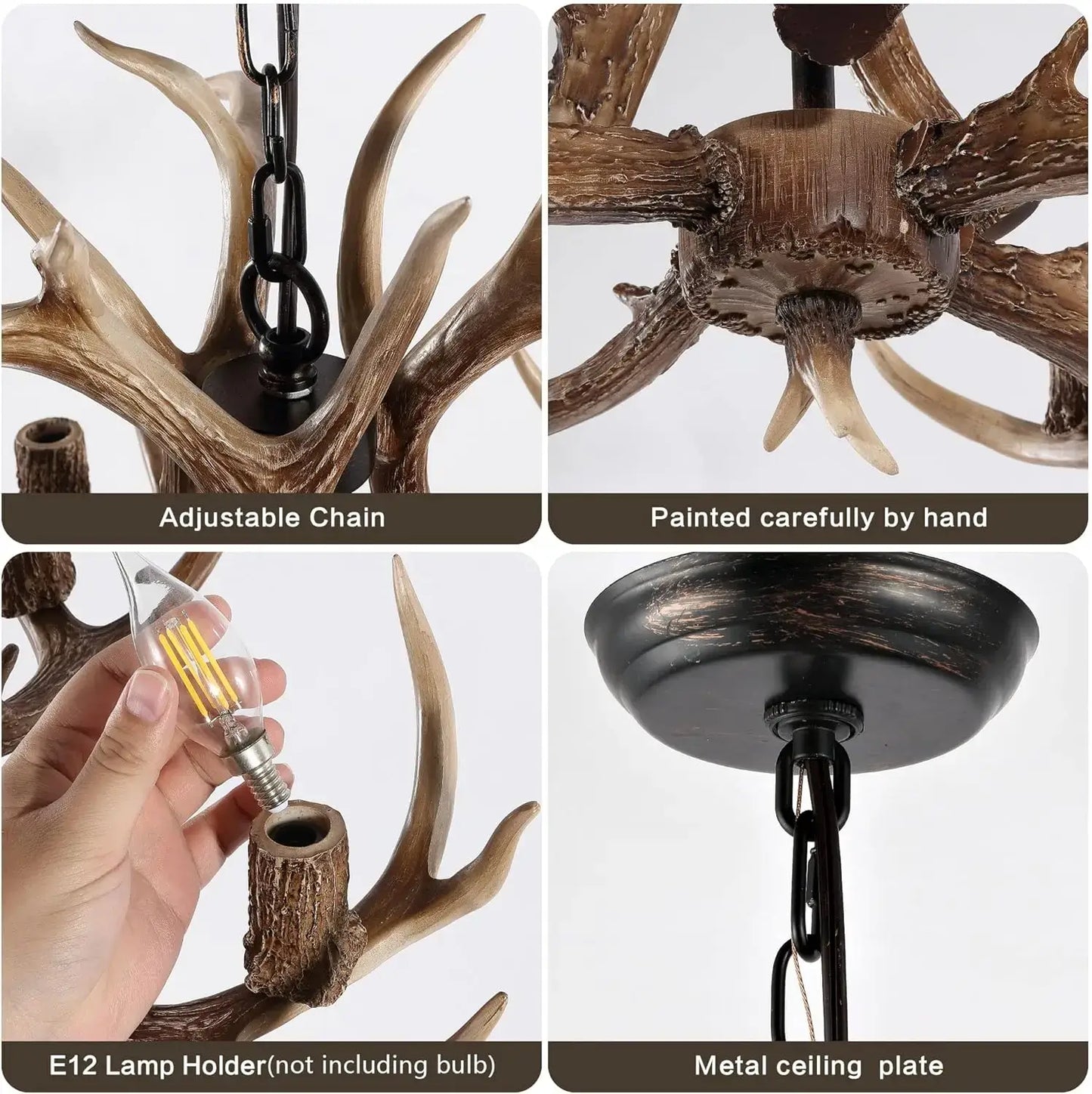 Close-up view of antler chandelier features: adjustable chain, hand-painted finish, E12 lamp holder, and durable metal ceiling plate.