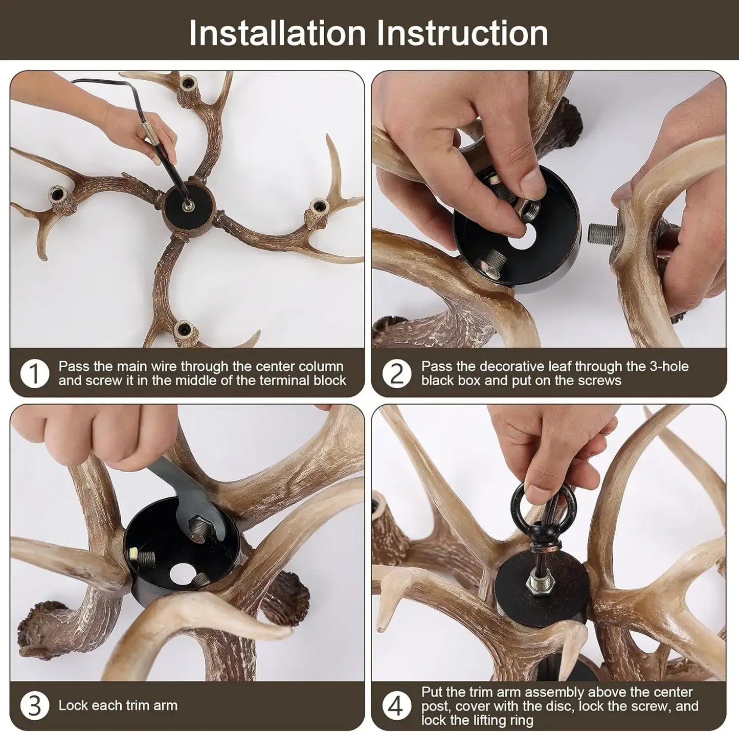 Step-by-step installation instructions for antler chandelier assembly, showing wiring and mounting process.