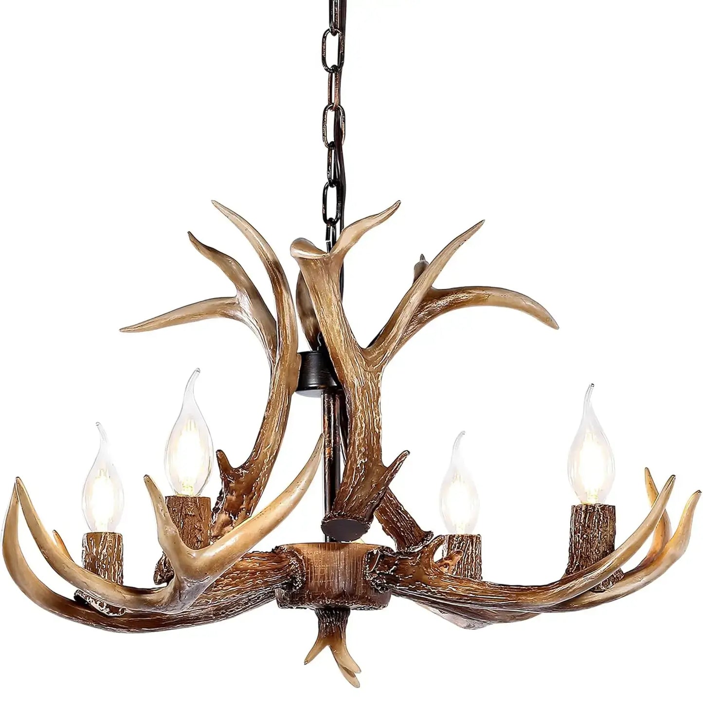 Rustic 6-light antler chandelier for living room, dining room, or kitchen island. Features a unique resin antler design.