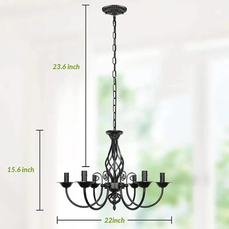 Farmhouse chandelier size dimensions: 23.6 inch height, 15.6 inch fixture height, and 22 inch width, for black rustic light fixture.