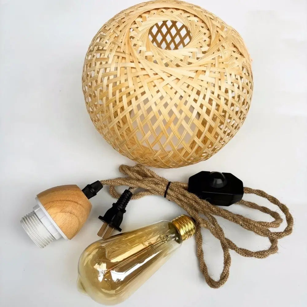Natural bamboo woven pendant light set with bulb, plug and switch cord
