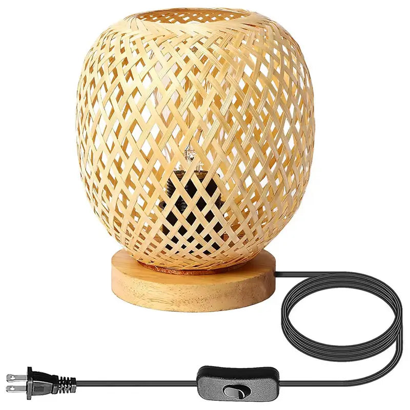 A standalone handwoven bamboo table lamp with a natural wooden base, highlighting its elegant and eco-friendly design.
