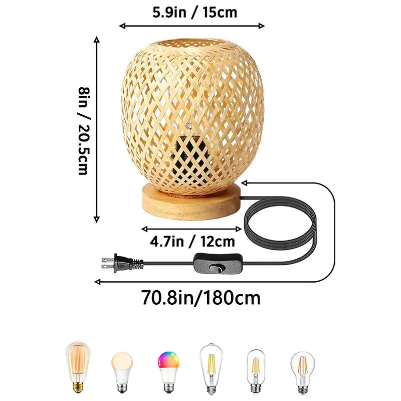 Detailed dimensions of a bamboo table lamp, showing 8-inch height, 5.9-inch diameter, and 70.8-inch cord length.