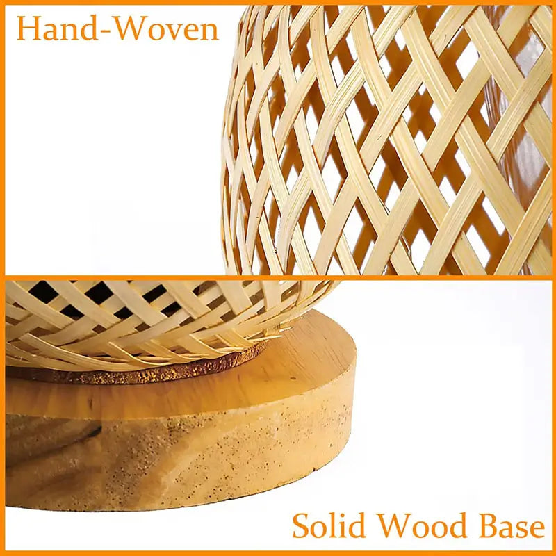 A close-up of the intricate handwoven bamboo pattern and sturdy wooden base of the eco-friendly table lamp.