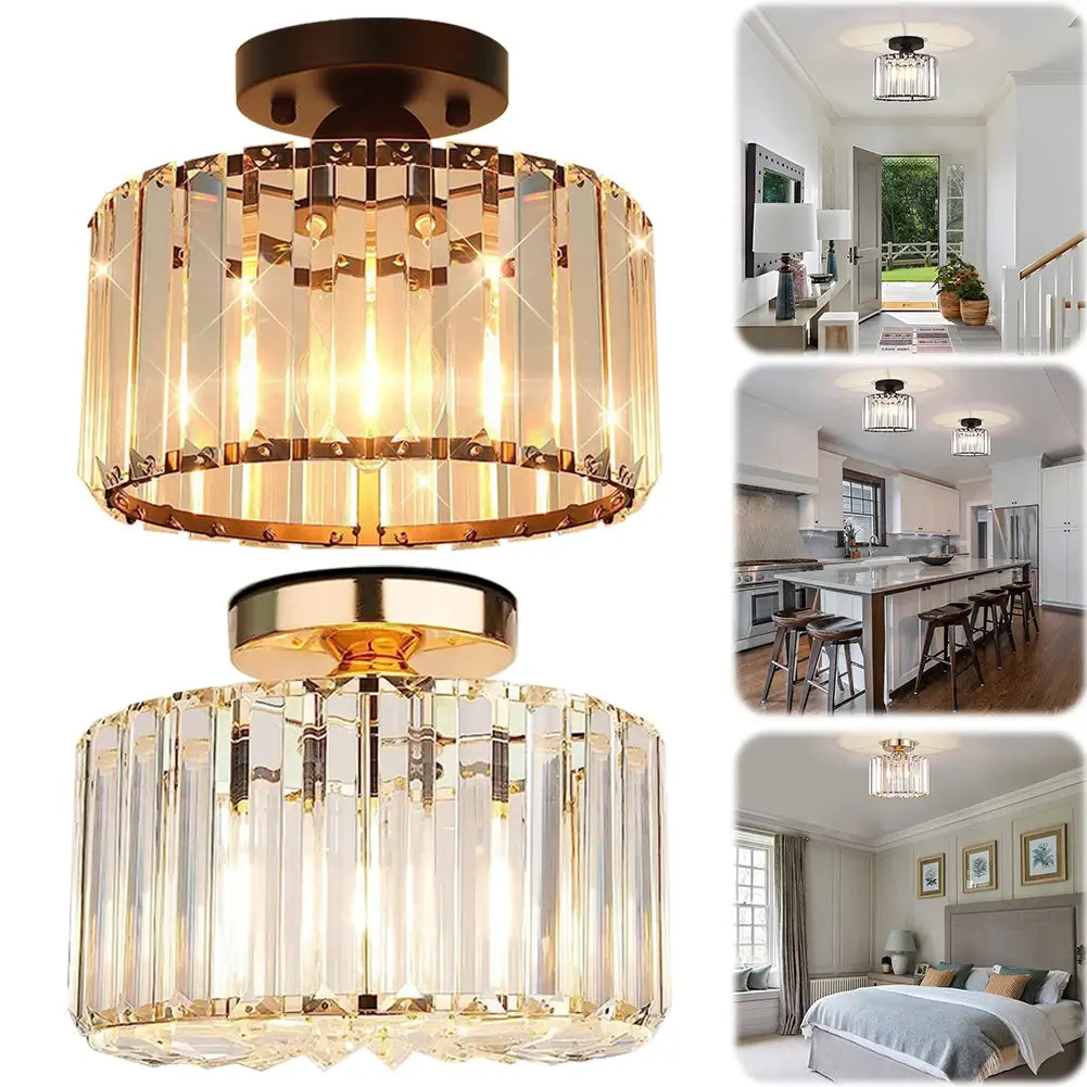 Versatile crystal light fixture for kitchens, bedrooms, or hallways, available in bronze and gold.