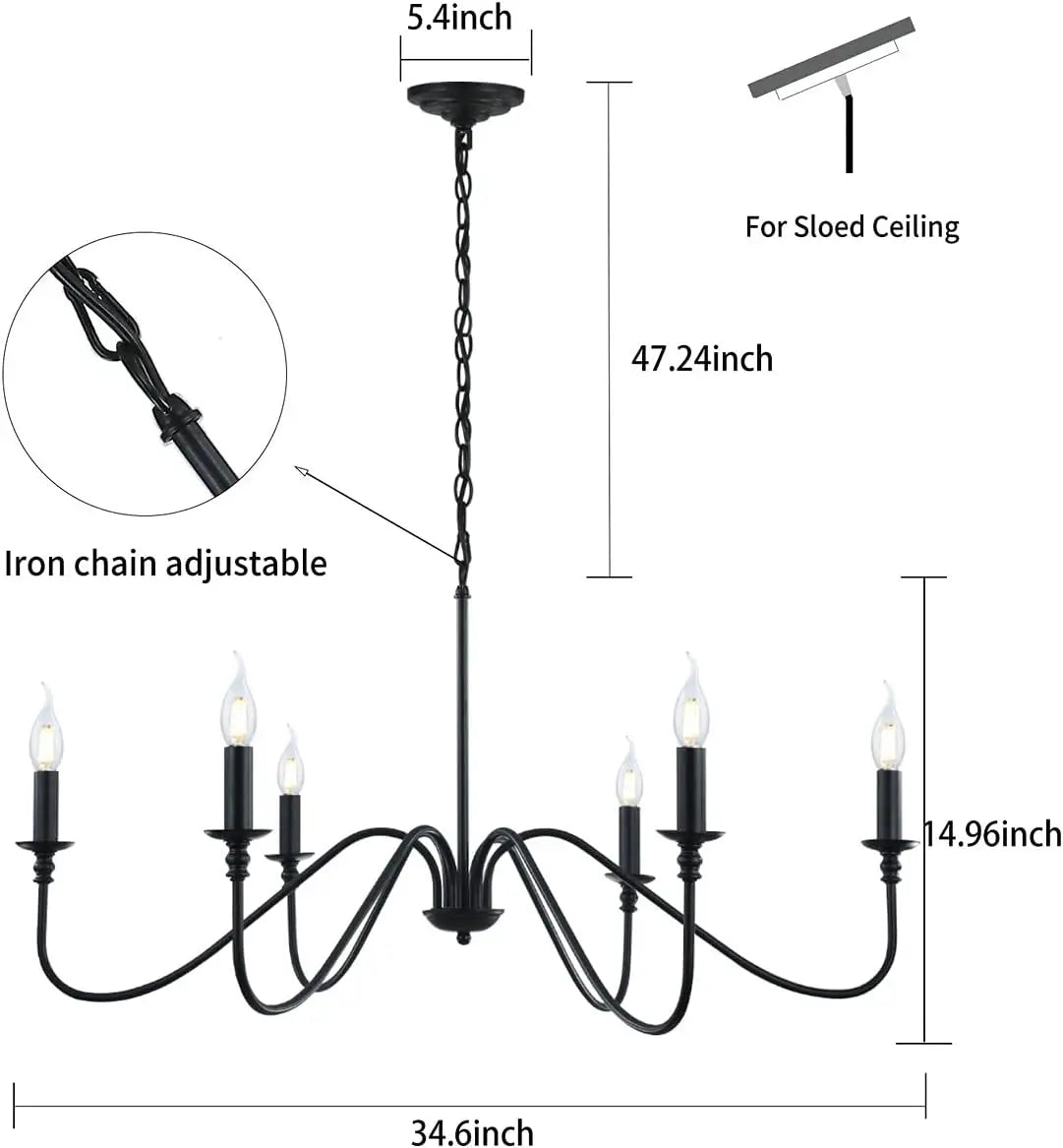 Detailed dimensions of a black 6-light chandelier, showing its 34.6-inch width, 14.96-inch height, and 47.24-inch adjustable chain, suitable for sloped ceilings.
