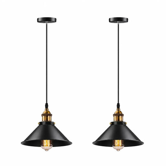 Set of two black cone pendant lights with brass-toned socket details and exposed shade design