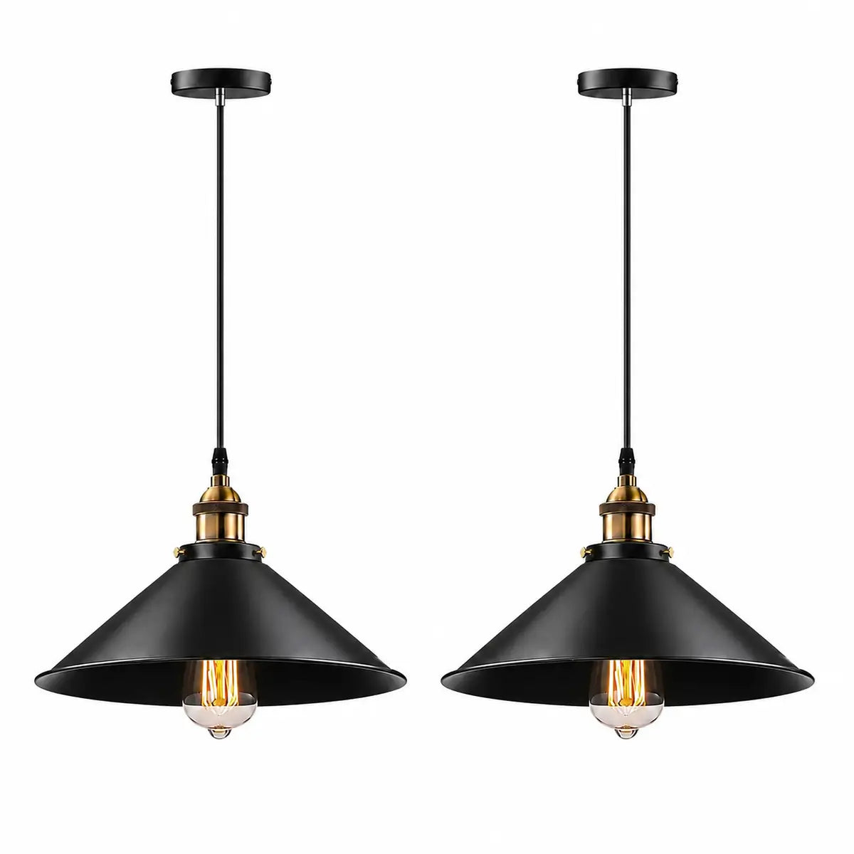 Set of two 30 cm black cone pendant lights with wide black shades, slim black cords, and brass-toned socket accents