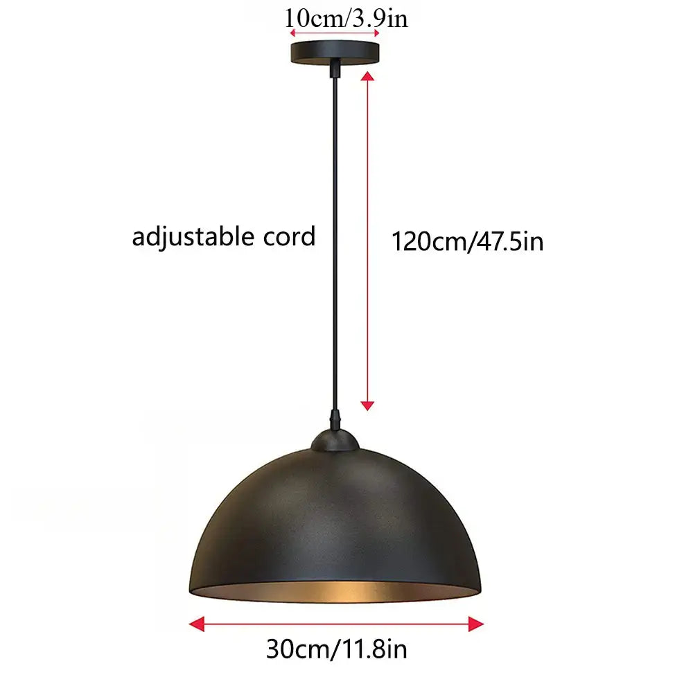 Black dome pendant light with adjustable cord, showcasing product dimensions and details for versatile installation.