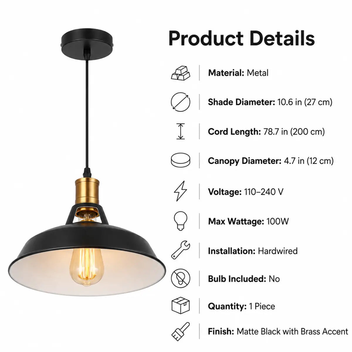 Product details graphic for a matte black metal dome pendant light with specification icons.