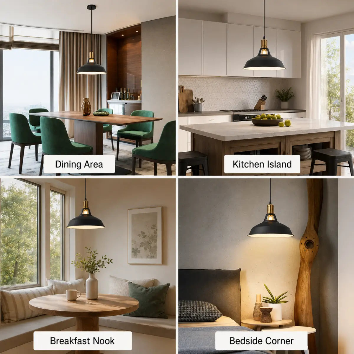 Room collage showing the dome pendant light above a dining area, kitchen island, breakfast nook, and bedside corner.