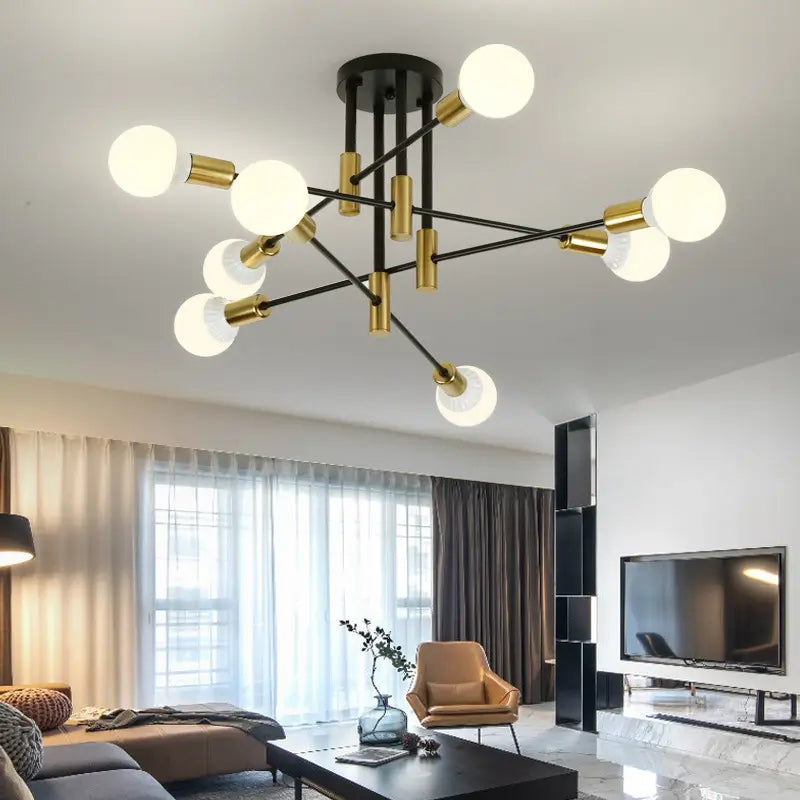 black and gold ceiling light with eight arms, ideal for spacious living areas.